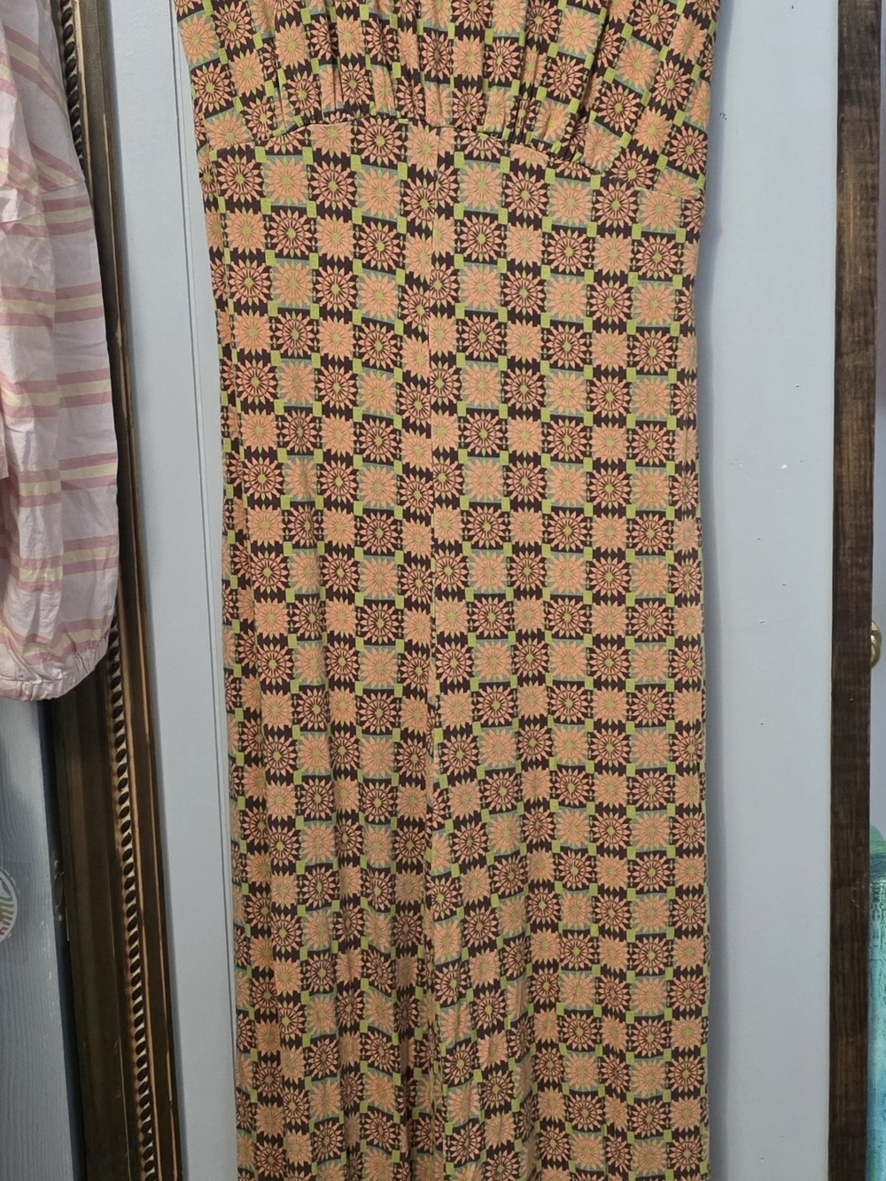 Free People Peach, Black & Green Floral Checker Jumpsuit